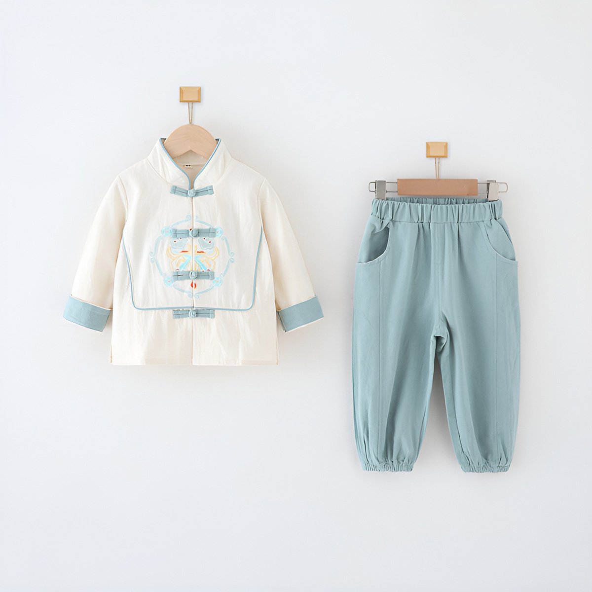 Boys' Tang Suit Hanfu two-piece set - traditional Chinese attire with embroidery in white and light blue