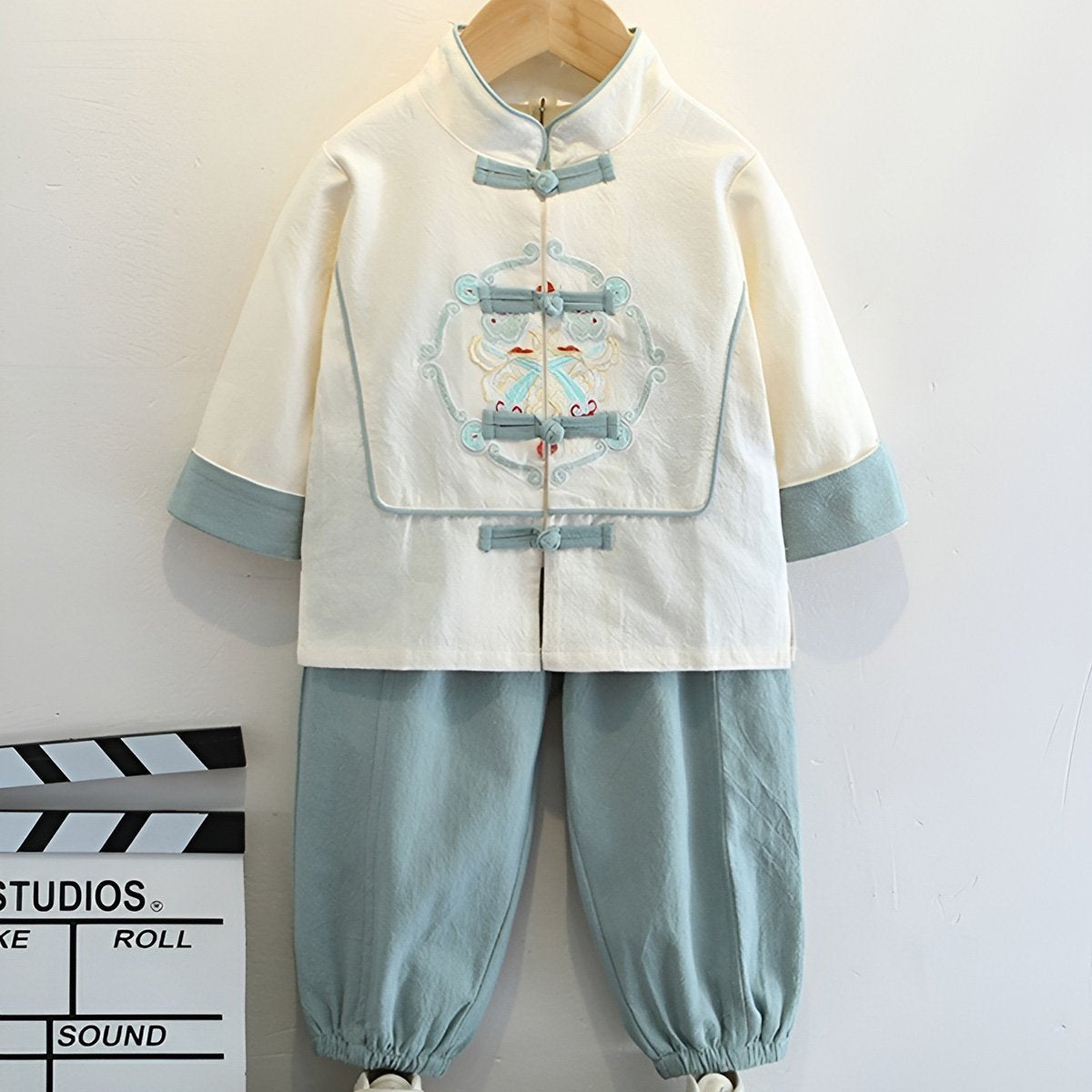 Boys' Tang Suit Hanfu two-piece set - traditional Chinese attire with embroidery in white and light blue