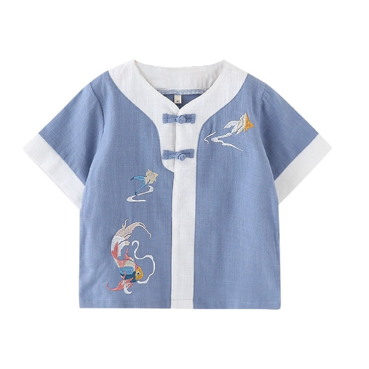 Boys' short-sleeved Hanfu top - traditional Chinese attire with embroidery in blue and light green