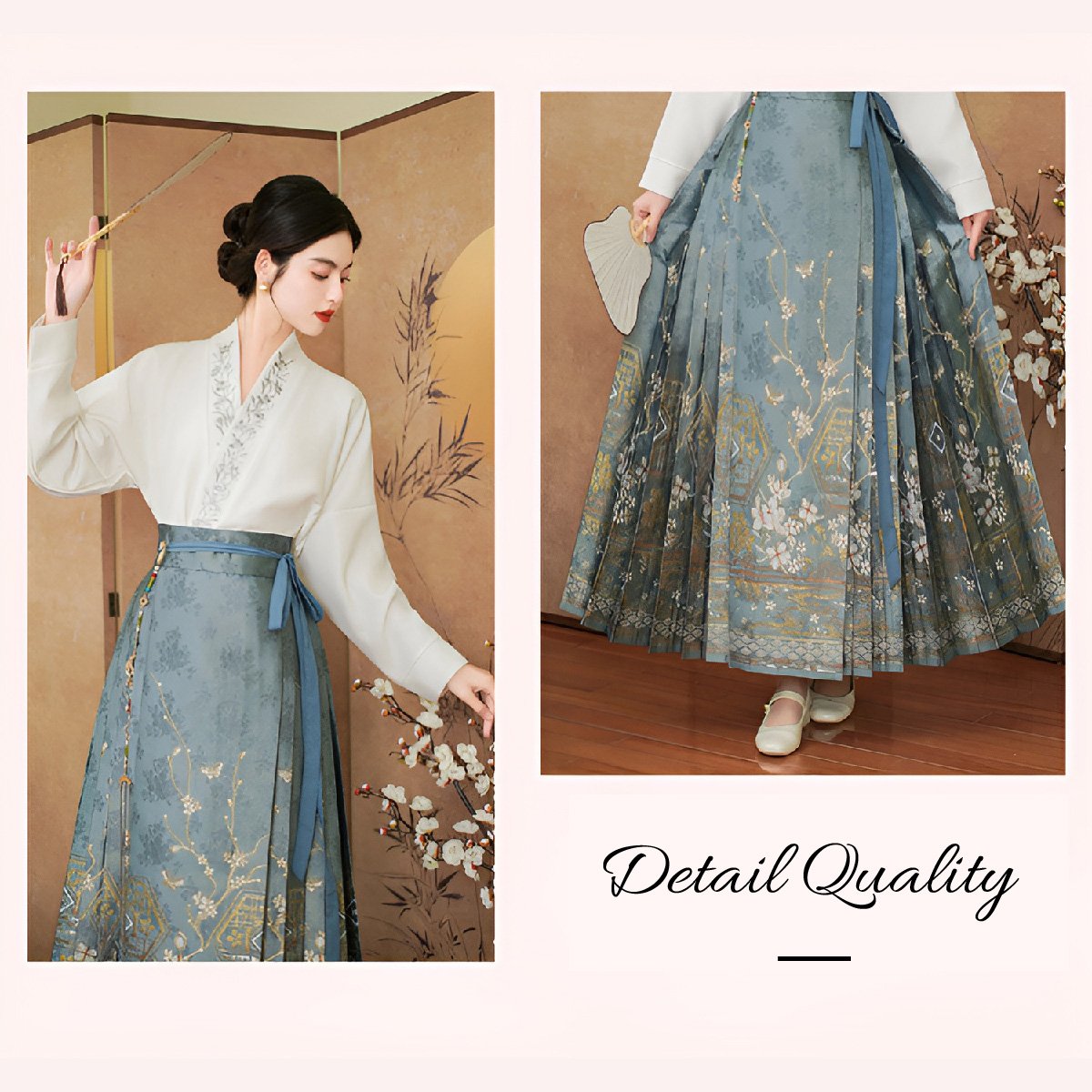 Elegant Chinese style set with horseface skirt and embroidered blouse