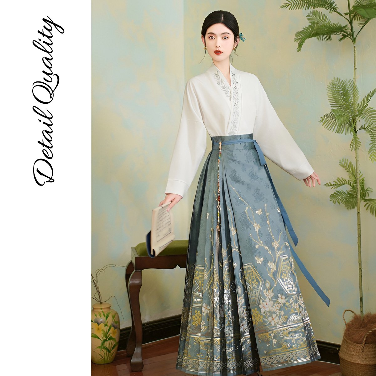 Elegant Chinese style set with horseface skirt and embroidered blouse