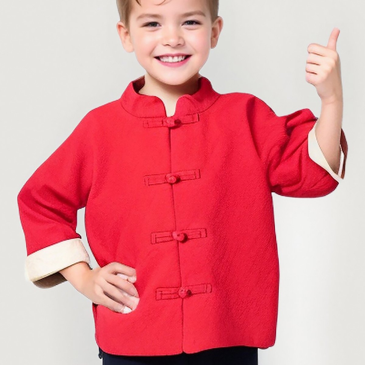 Boys' Tang suit top in green/red - traditional Hanfu design