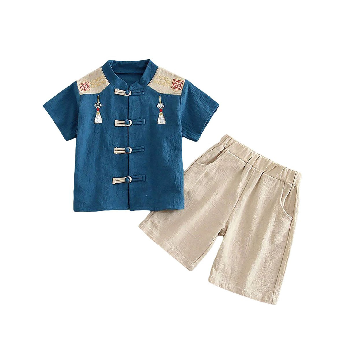 Boys Short-Sleeved Hanfu Two-Piece Suit with embroidered traditional Chinese style