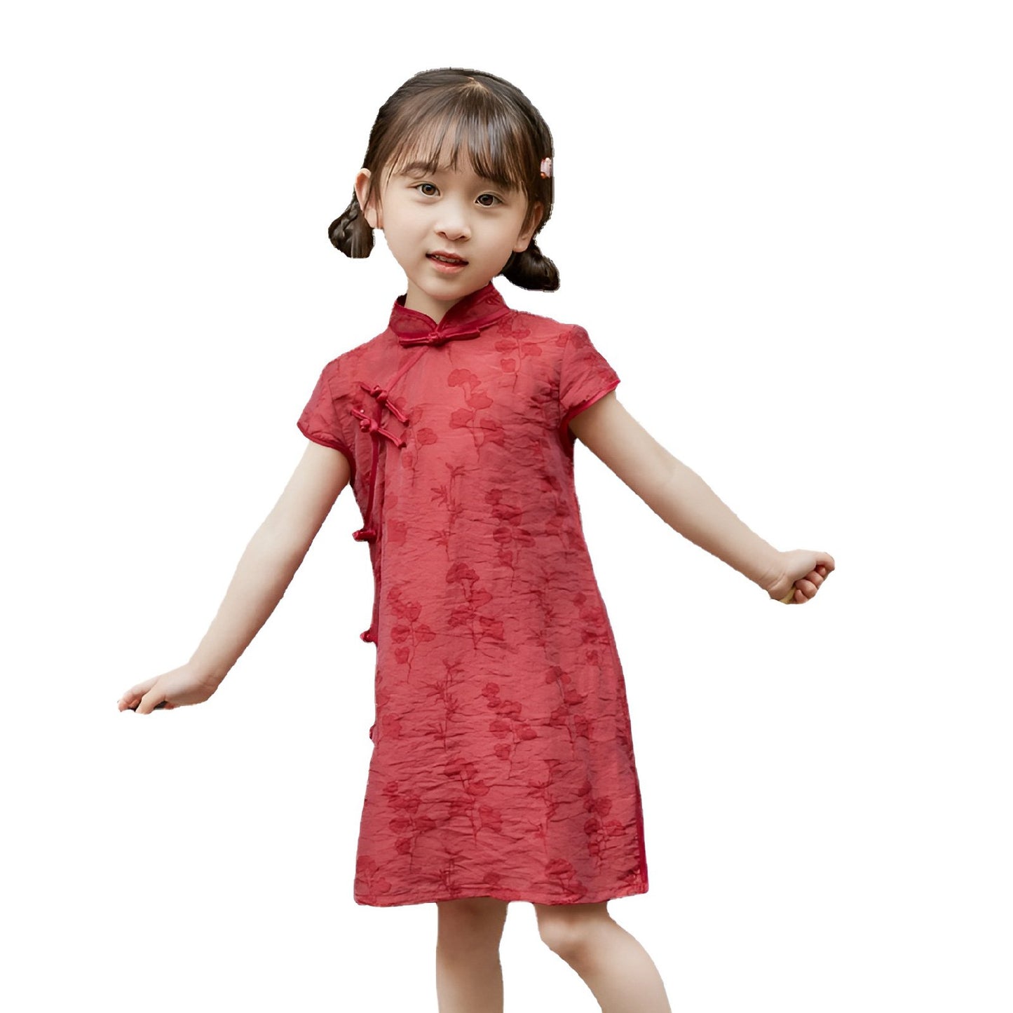 Girl wearing a red Chinese dress with floral print, available in 100-150cm.