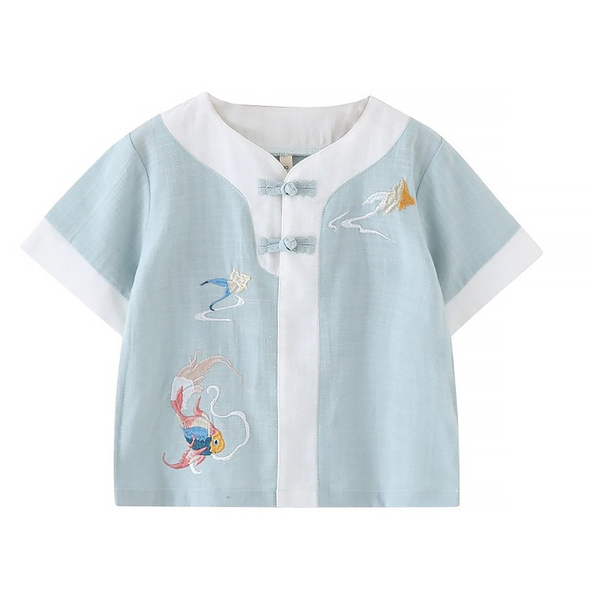 Boys' short-sleeved Hanfu top - traditional Chinese attire with embroidery in blue and light green