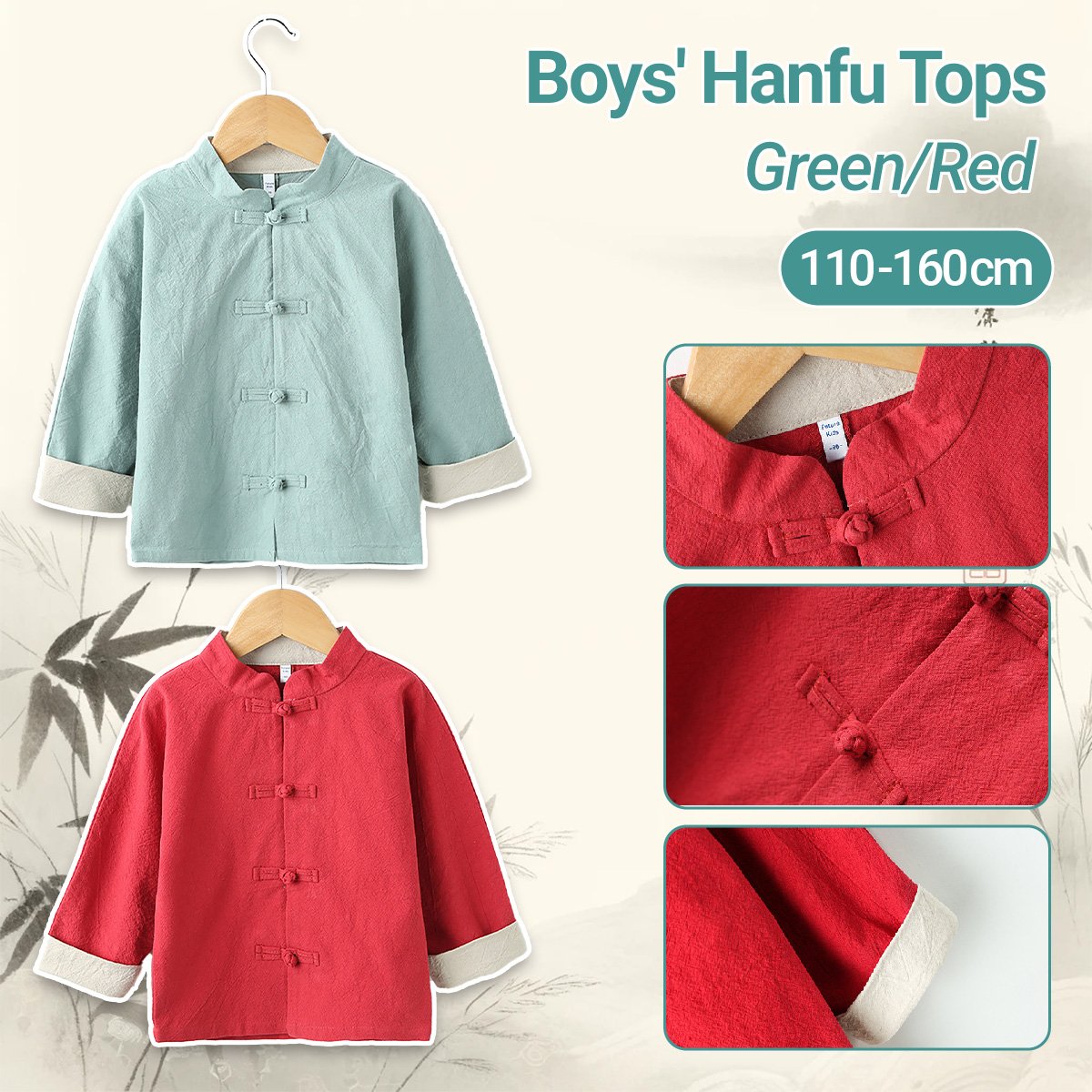 Boys' Tang suit top in green/red - traditional Hanfu design