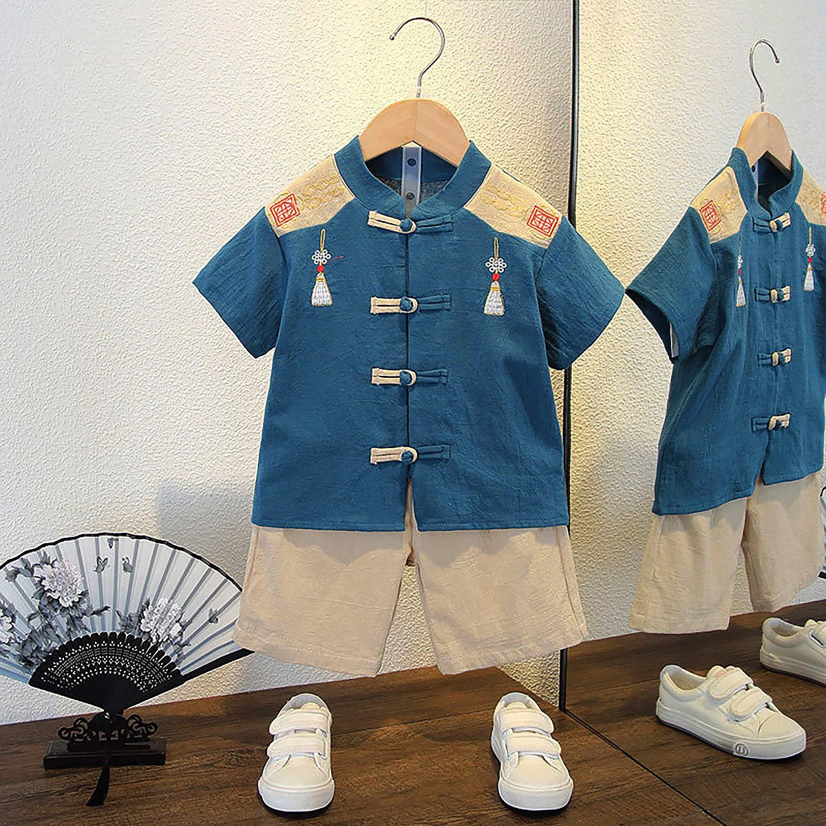 Boys Short-Sleeved Hanfu Two-Piece Suit with embroidered traditional Chinese style