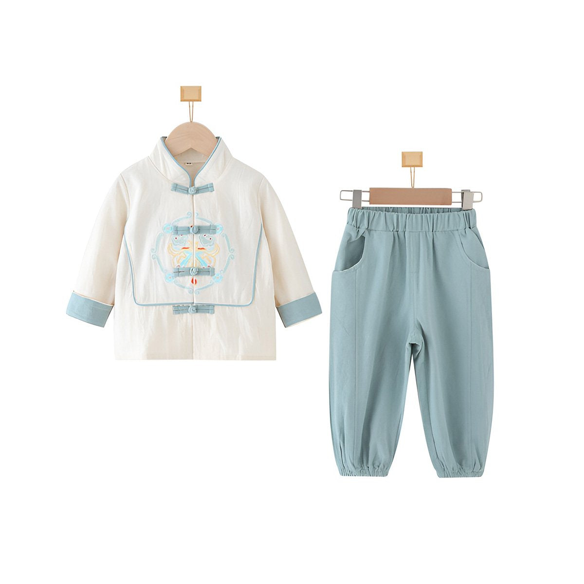 Boys' Tang Suit Hanfu two-piece set - traditional Chinese attire with embroidery in white and light blue