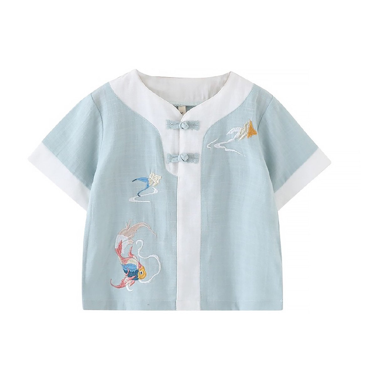 Boys' short-sleeved Hanfu top - traditional Chinese attire with embroidery in blue and light green