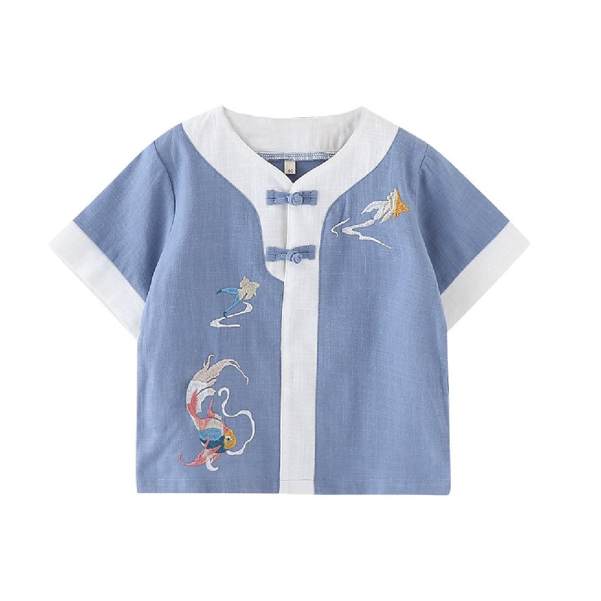 Boys' short-sleeved Hanfu top - traditional Chinese attire with embroidery in blue and light green
