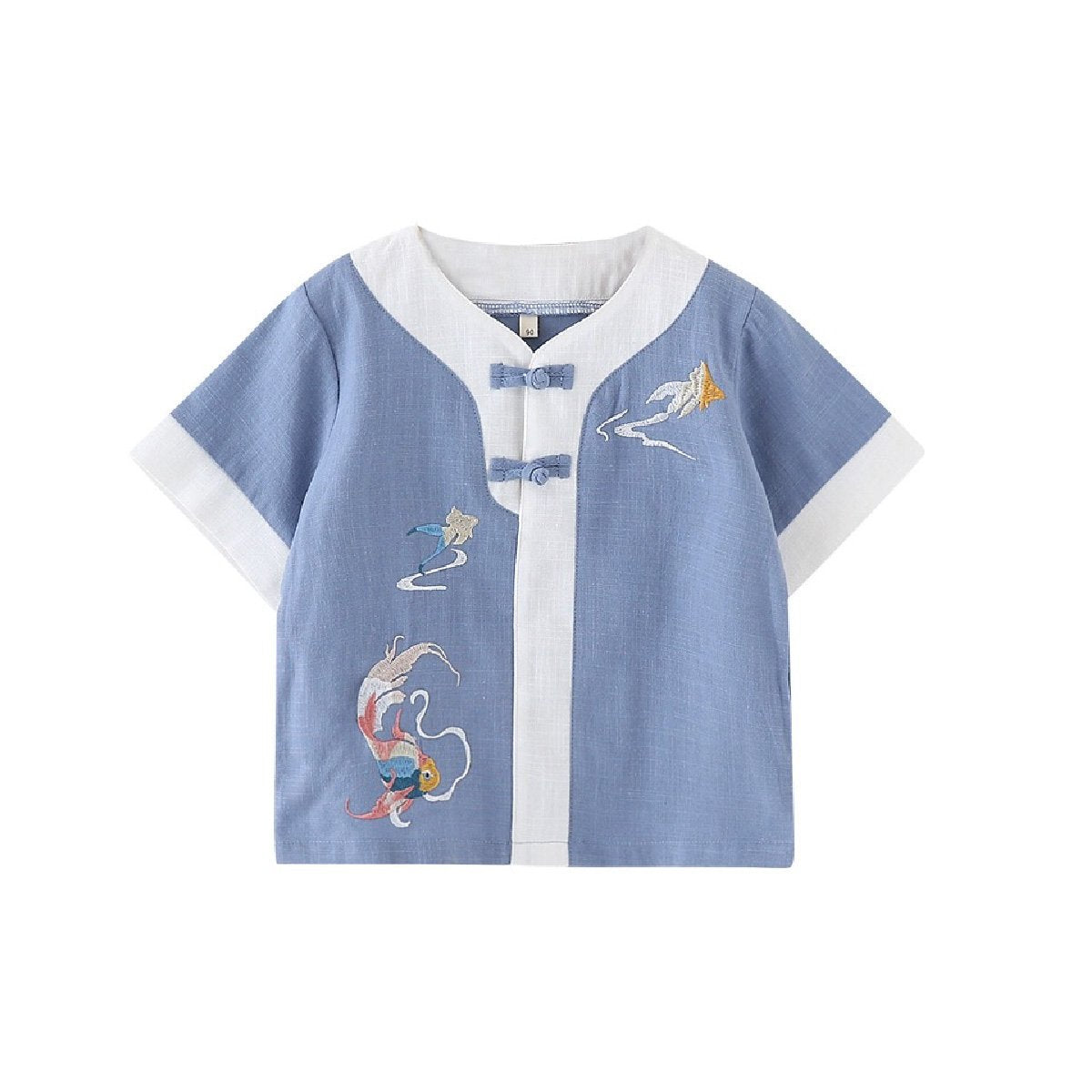 Boys' short-sleeved Hanfu top - traditional Chinese attire with embroidery in blue and light green