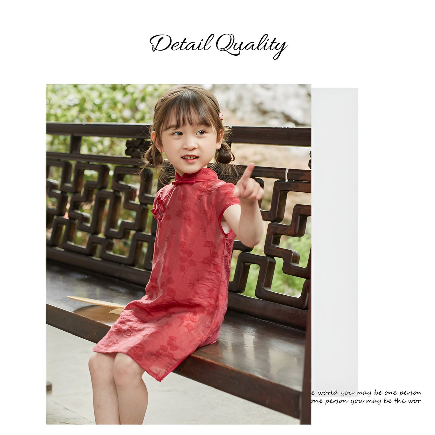 Girl wearing a red Chinese dress with floral print, available in 100-150cm.