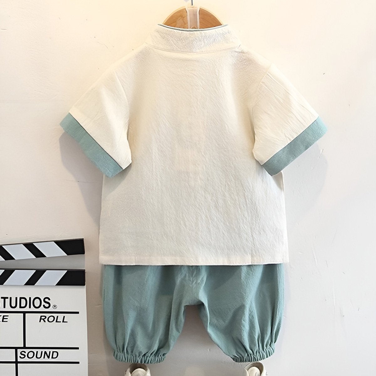 Boys' Tang Suit Hanfu two-piece set - traditional Chinese attire with embroidery in white and light blue