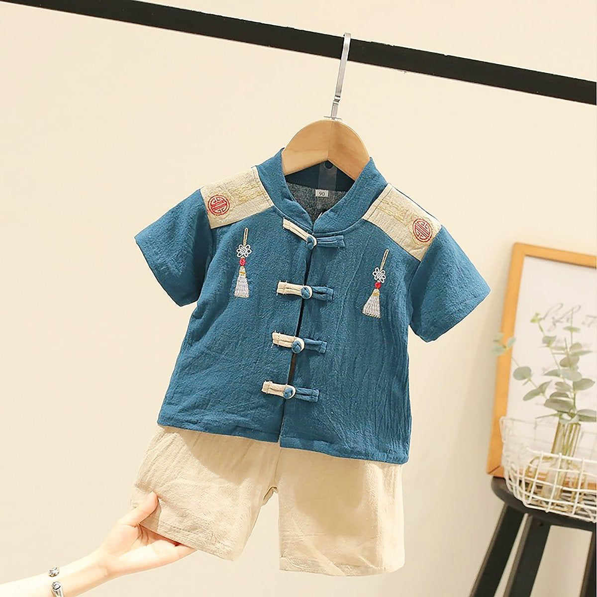 Boys Short-Sleeved Hanfu Two-Piece Suit with embroidered traditional Chinese style