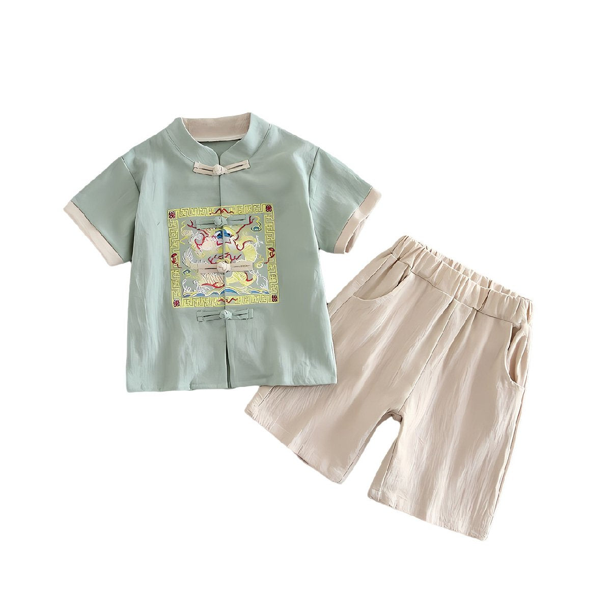 Boys Short-Sleeved Hanfu Two-Piece Suit with embroidered traditional Chinese style