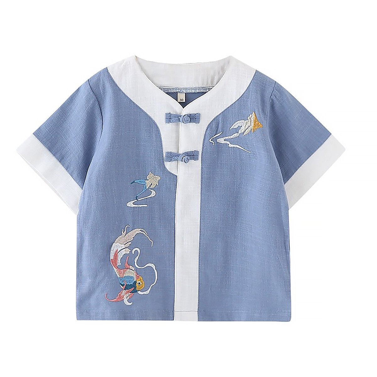 Boys' short-sleeved Hanfu top - traditional Chinese attire with embroidery in blue and light green