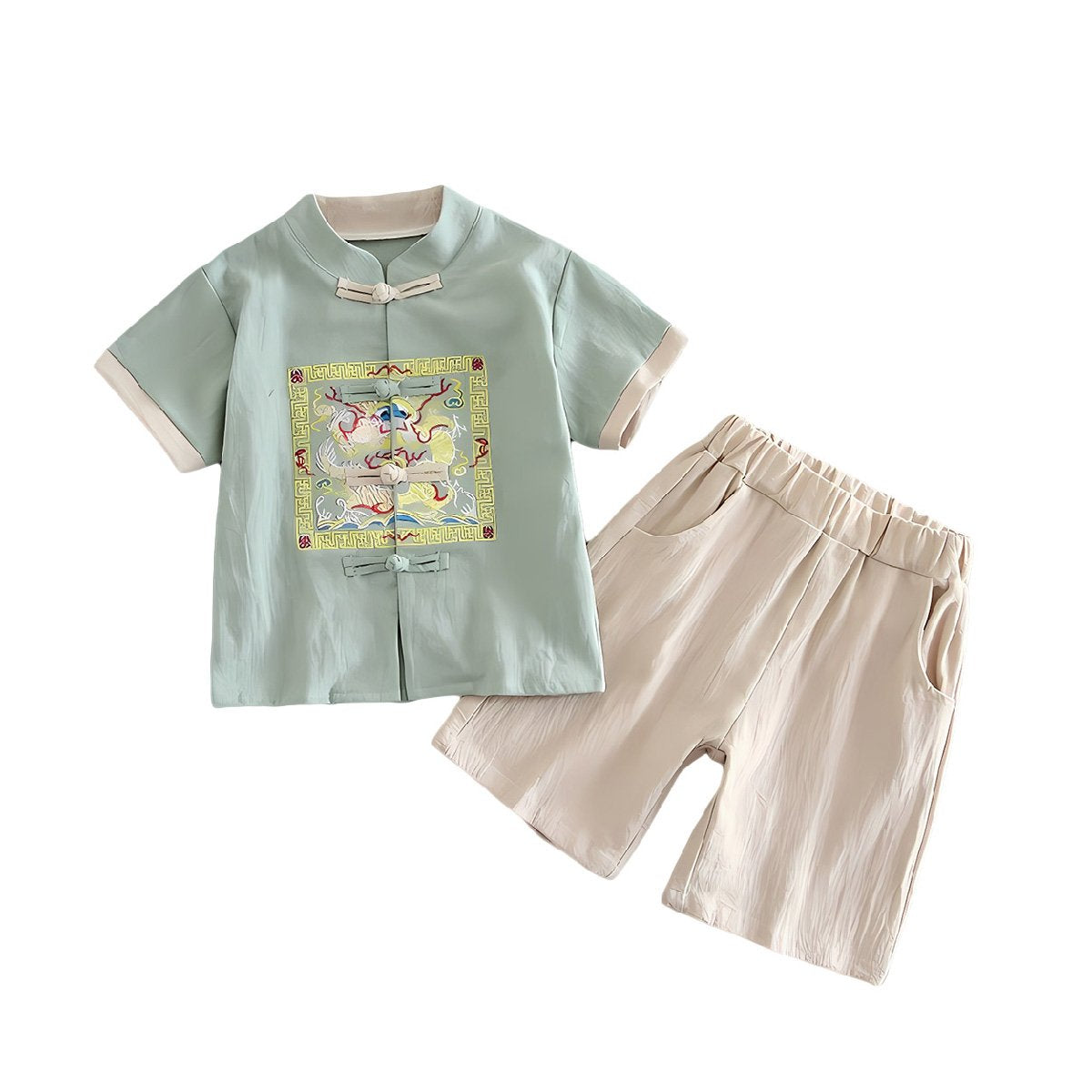 Boys Short-Sleeved Hanfu Two-Piece Suit with embroidered traditional Chinese style