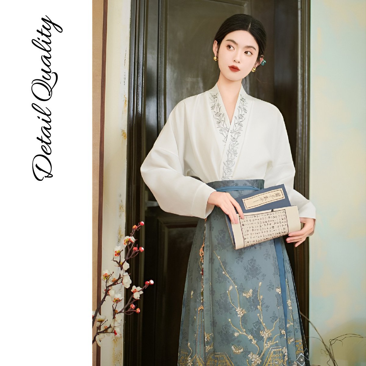 Elegant Chinese style set with horseface skirt and embroidered blouse