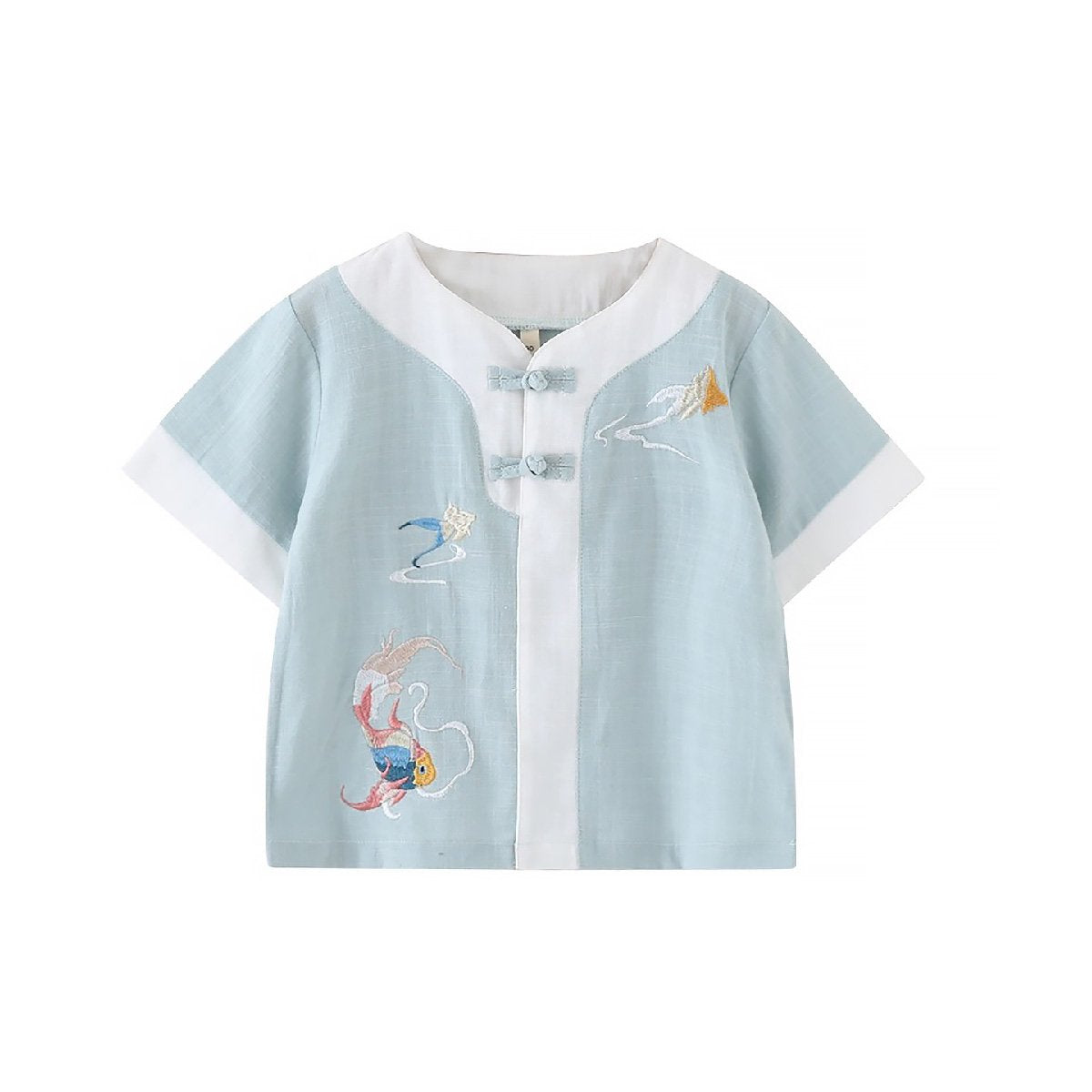 Boys' short-sleeved Hanfu top - traditional Chinese attire with embroidery in blue and light green