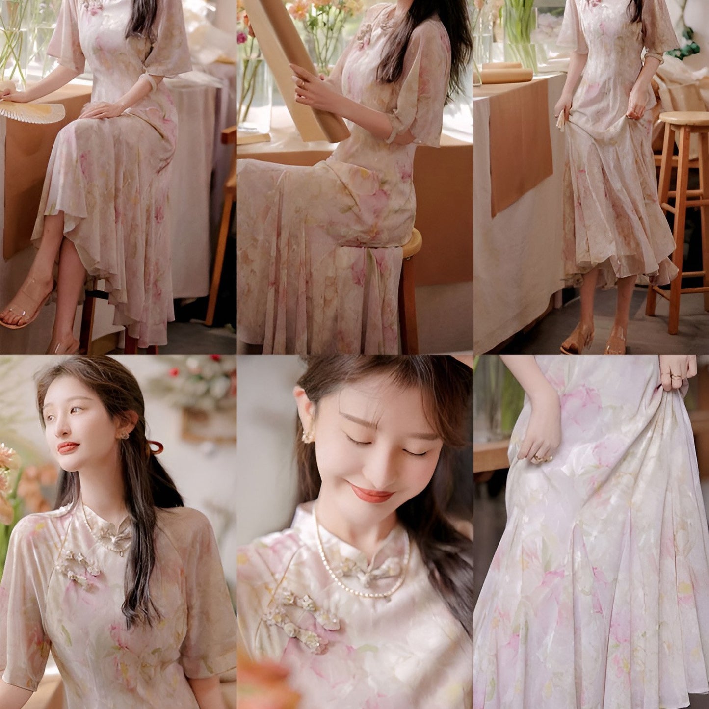 Woman wearing a luxurious modern cheongsam with delicate floral patterns, available in S, M, L.