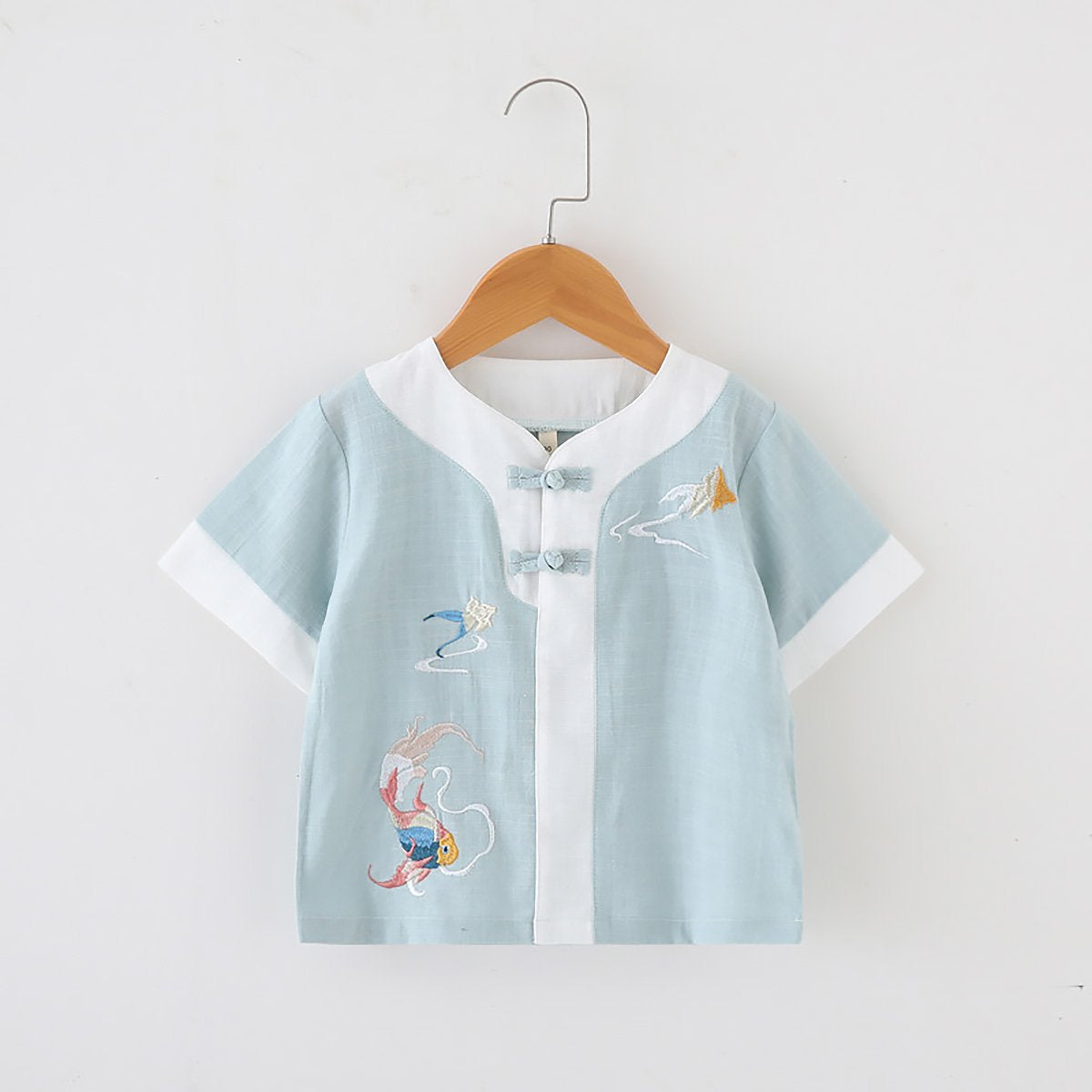 Boys' short-sleeved Hanfu top - traditional Chinese attire with embroidery in blue and light green