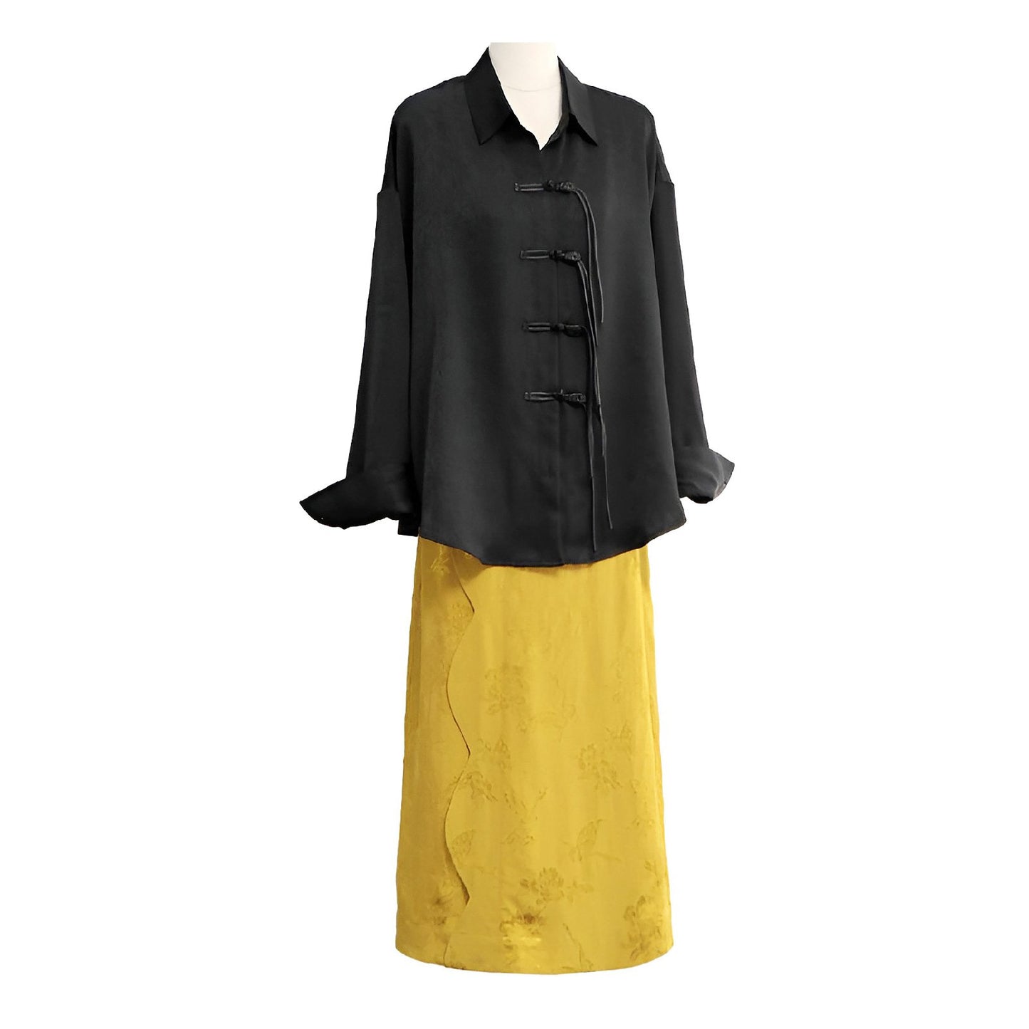 Elegant Black Blouse and Yellow Skirt Modern New Chinese Fashion Set