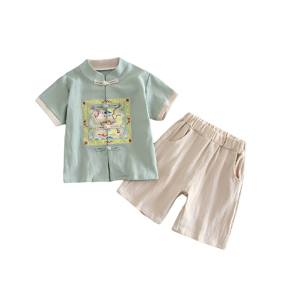 Boys Short-Sleeved Hanfu Two-Piece Suit with embroidered traditional Chinese style