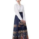 Mamianqun embroidered horse skirt and blouse for women in navy blue with colorful embroidery
