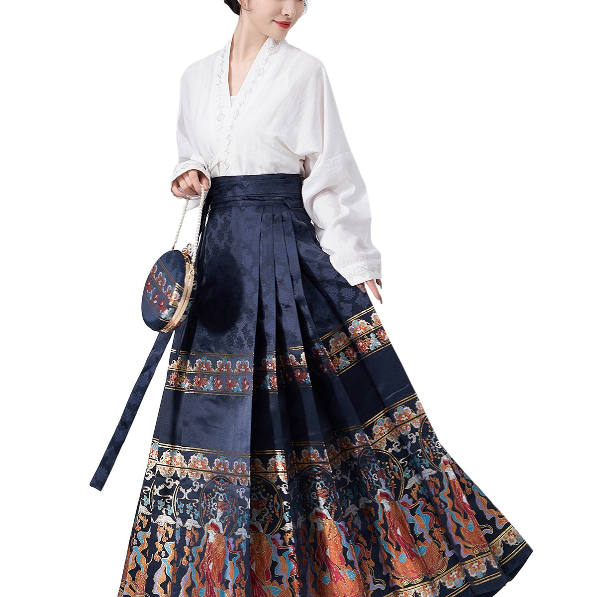 Mamianqun embroidered horse skirt and blouse for women in navy blue with colorful embroidery