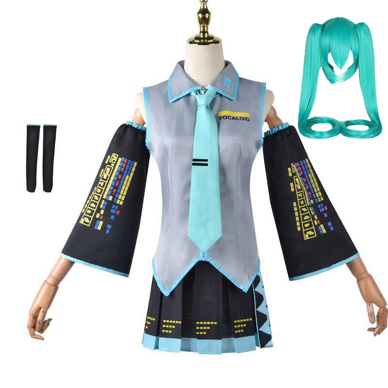 Hatsune Miku Cosplay Costume with Dress, Sleeves, Tie, and Hair Accessories