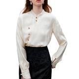 Long sleeve mandarin collar shirt for women in ivory with subtle floral patterns