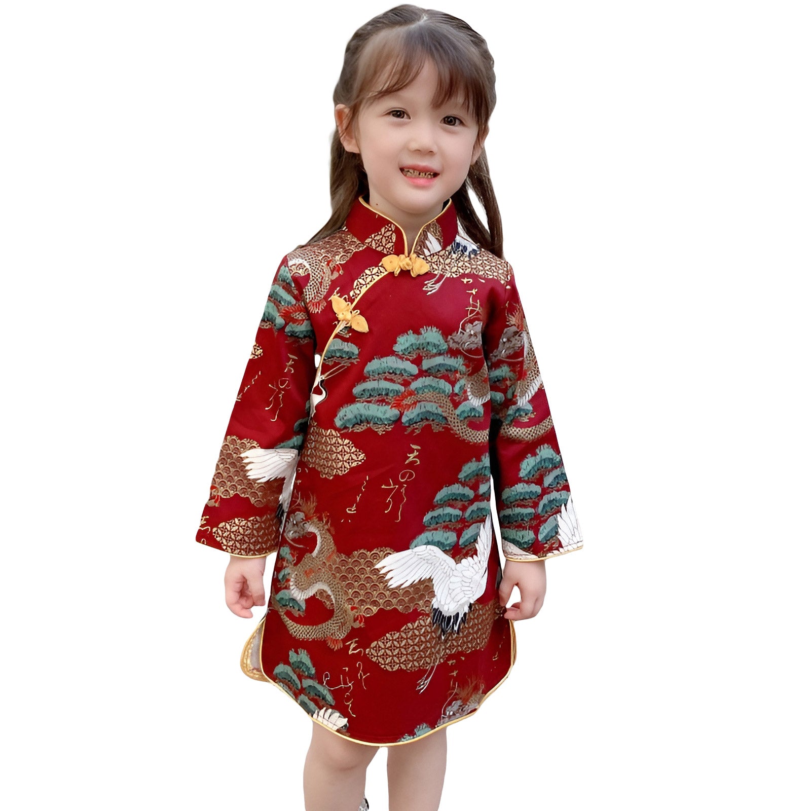 Red New Year dress cheongsam for kids with dragon and crane embroidery