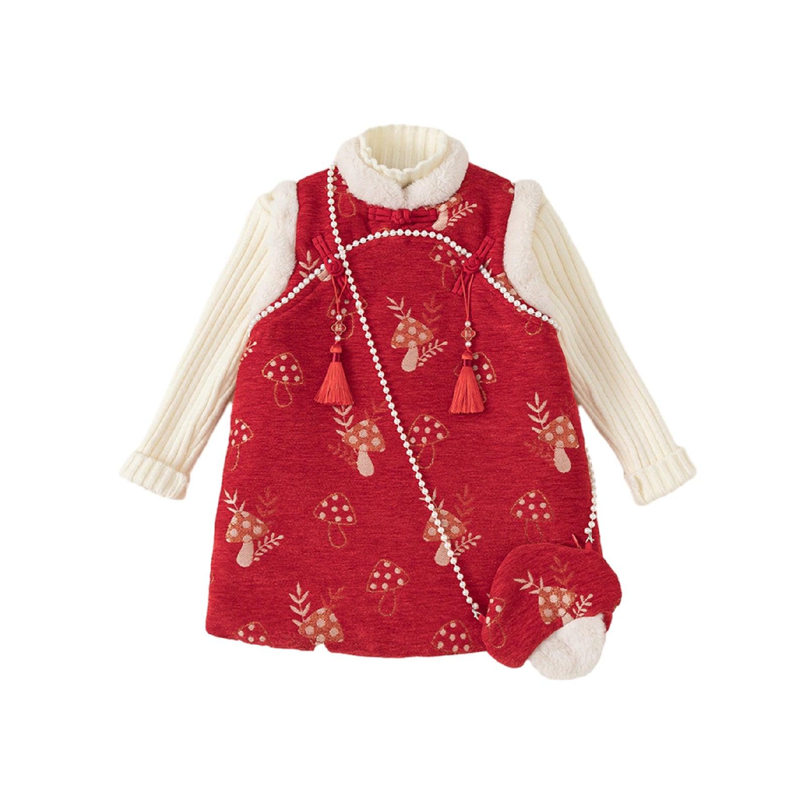 Girl's Red Cheongsam Dress Cotton Padded New Year Dress - Aimall