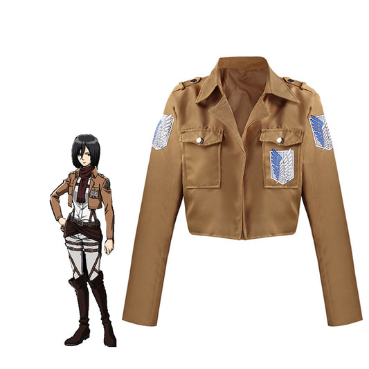 Cosplay jacket with emblem patches next to an anime character in a similar outfit on a white background