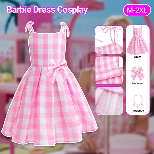 Barbie Cosplay Adult Pink Gingham Summer Dress Set