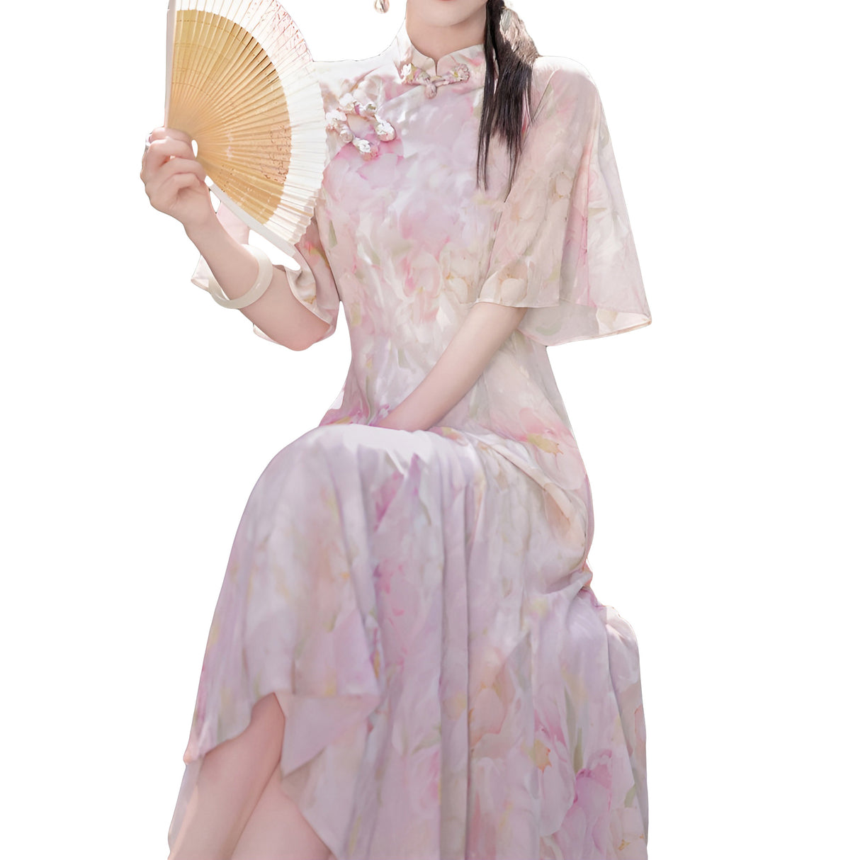 Woman wearing a luxurious modern cheongsam with delicate floral patterns, available in S, M, L.