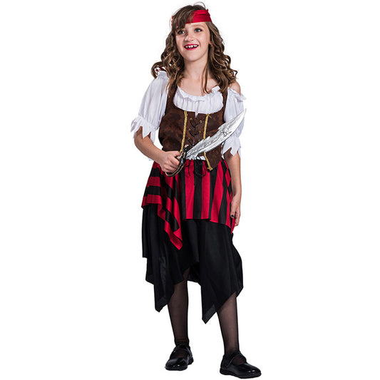 Girls' Pirate Cosplay Dress with Red Stripes & Corset