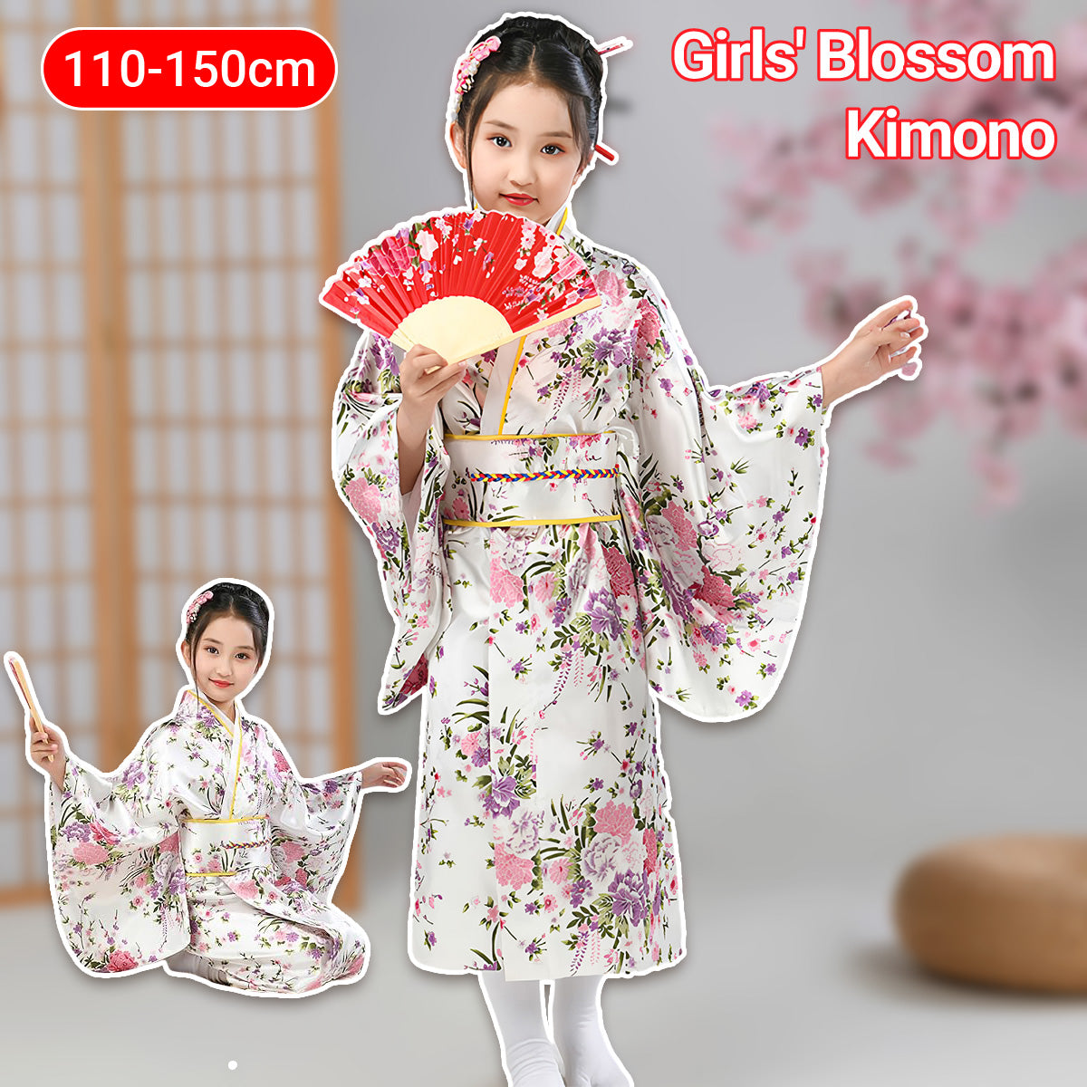 Traditional Japanese Girls' Blossom Kimono Dress Set