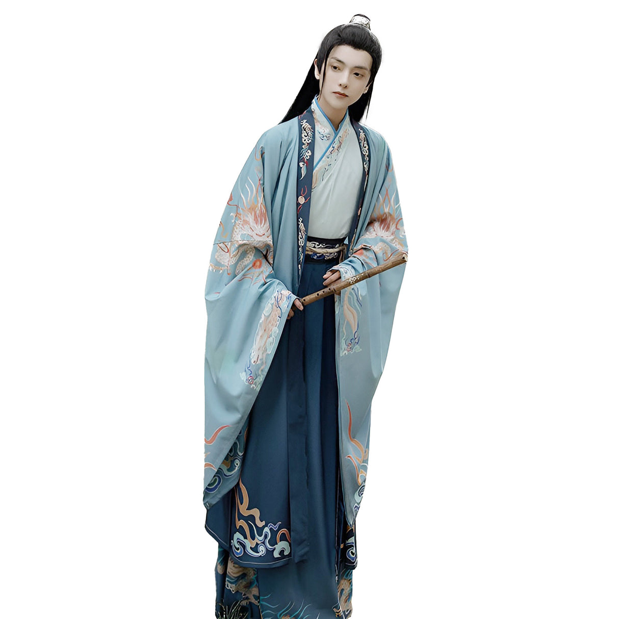Hanfu male traditional Chinese clothing in blue with dragon patterns
