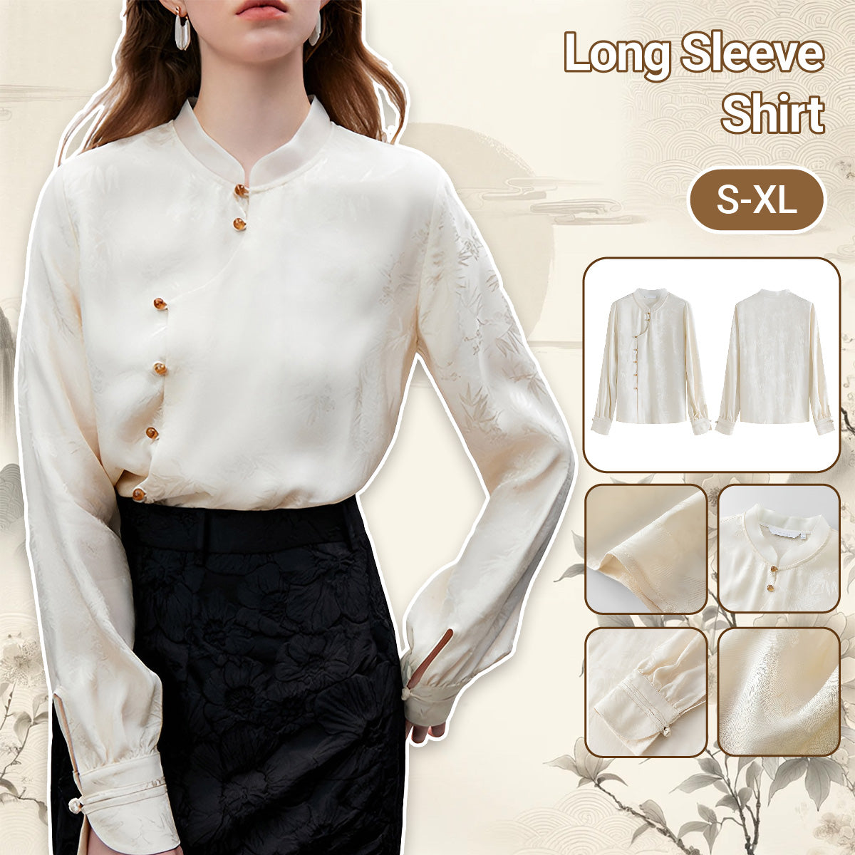 Long sleeve mandarin collar shirt for women in ivory with subtle floral patterns