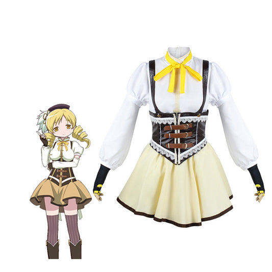 Cosplay costume with white shirt, yellow bow, and beige skirt on a white background