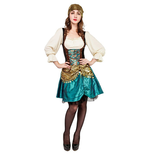 Women's Pirate Teal & Gold Dress with Headband