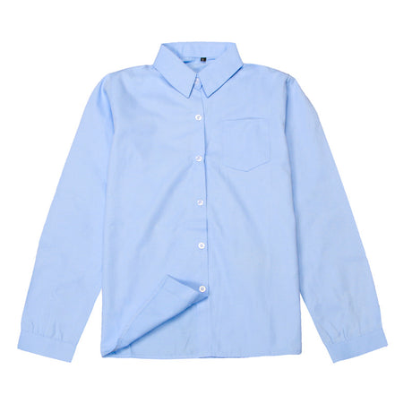 Girls Peter Pan Collar Long Sleeve School Shirt - Classic Uniform Top in White and Light Blue