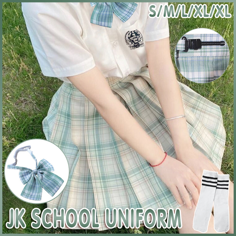 Light Green JK School Uniform Set - Pleated Skirt, White Shirt, Tie, and Socks for Girls