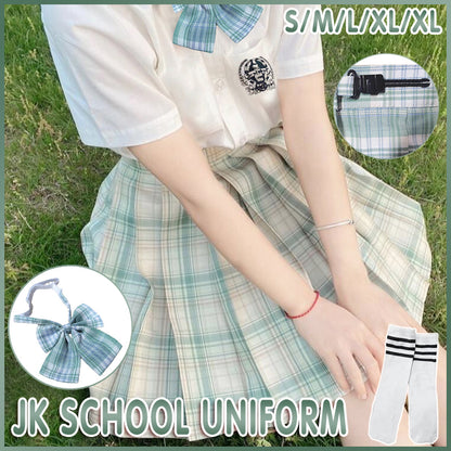 Light Green JK School Uniform Set - Pleated Skirt, White Shirt, Tie, and Socks for Girls