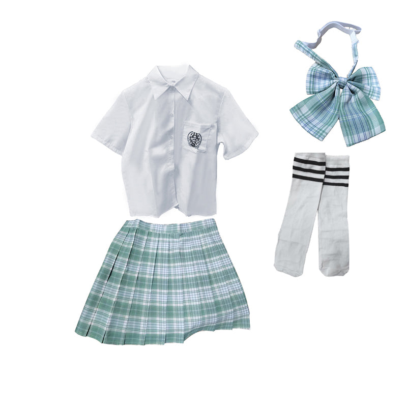 Light Green JK School Uniform Set - Pleated Skirt, White Shirt, Tie, and Socks for Girls