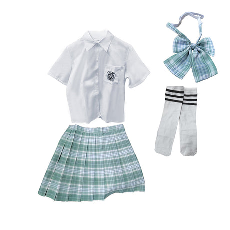 Light Green JK School Uniform Set - Pleated Skirt, White Shirt, Tie, and Socks for Girls