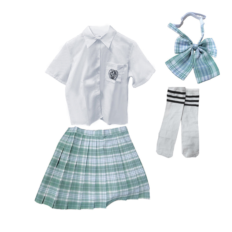 Light Green JK School Uniform Set - Pleated Skirt, White Shirt, Tie, and Socks for Girls