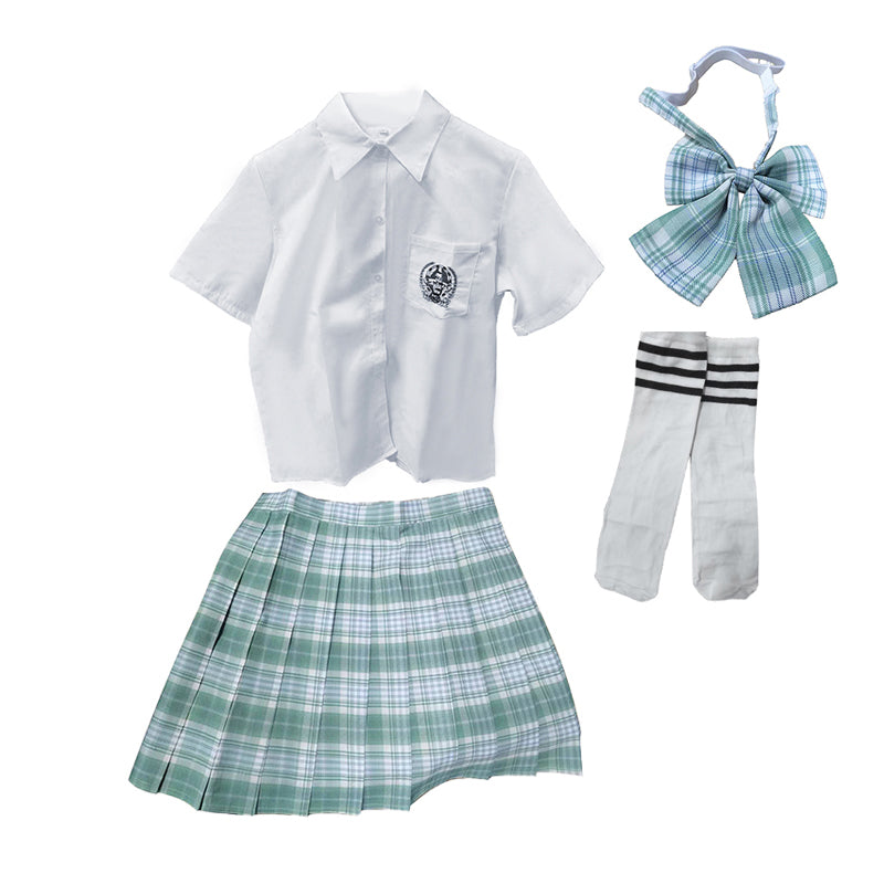 Light Green JK School Uniform Set - Pleated Skirt, White Shirt, Tie, and Socks for Girls