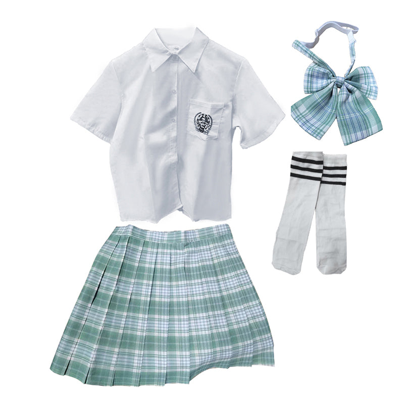 Light Green JK School Uniform Set - Pleated Skirt, White Shirt, Tie, and Socks for Girls